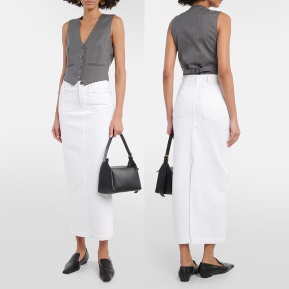 NWT Wardrobe NYC Denim Column Maxi Skirt White Sz 27 Back Center Slit - Picture 1 of 12